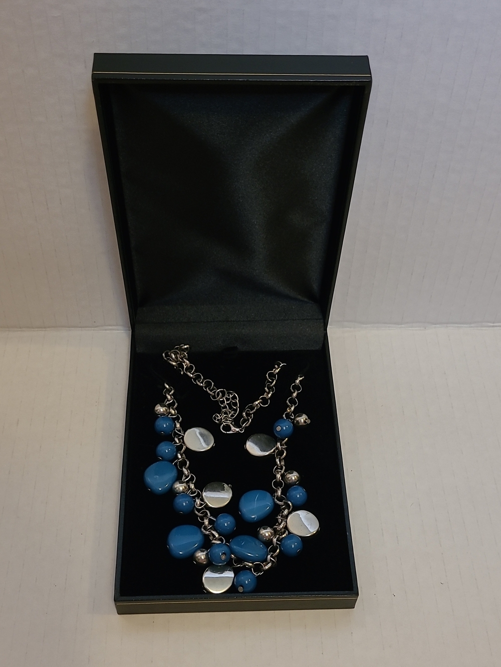 Vintage Blue Bead and Silver Disc Layered Necklace